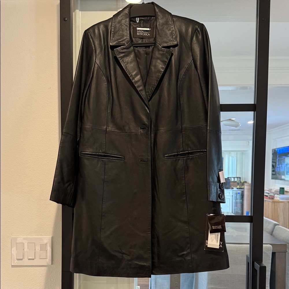 Badgley Mischka Women's Black Leather Coat/Long Blazer